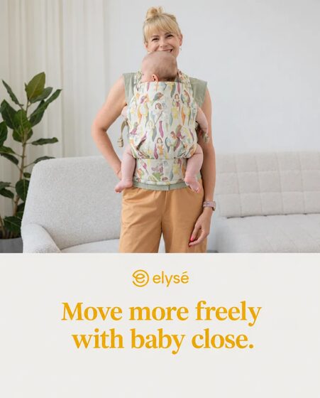 A static ad Selzee made for elyse: Move more freely with baby close, with a parent in a baby carrier