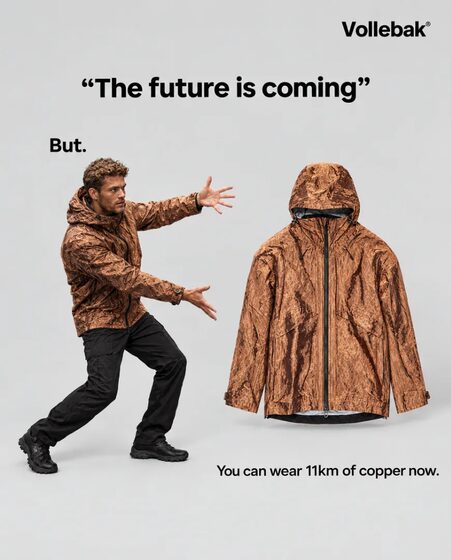 A static ad Selzee made for Vollebak: The future is coming, a copper jacket you can wear