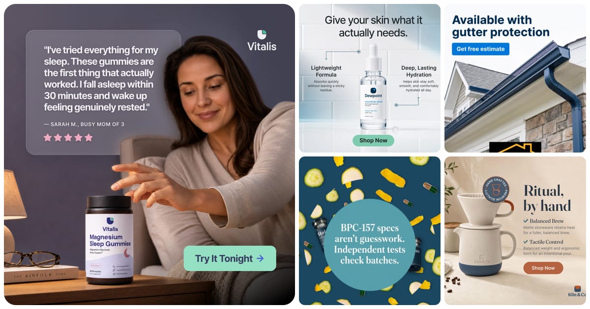 Five post examples: a customer quote over a product photo, a serum post with labelled callouts, a gutter service ad, an ad about independent batch tests and a pour-over post titled Ritual, by hand