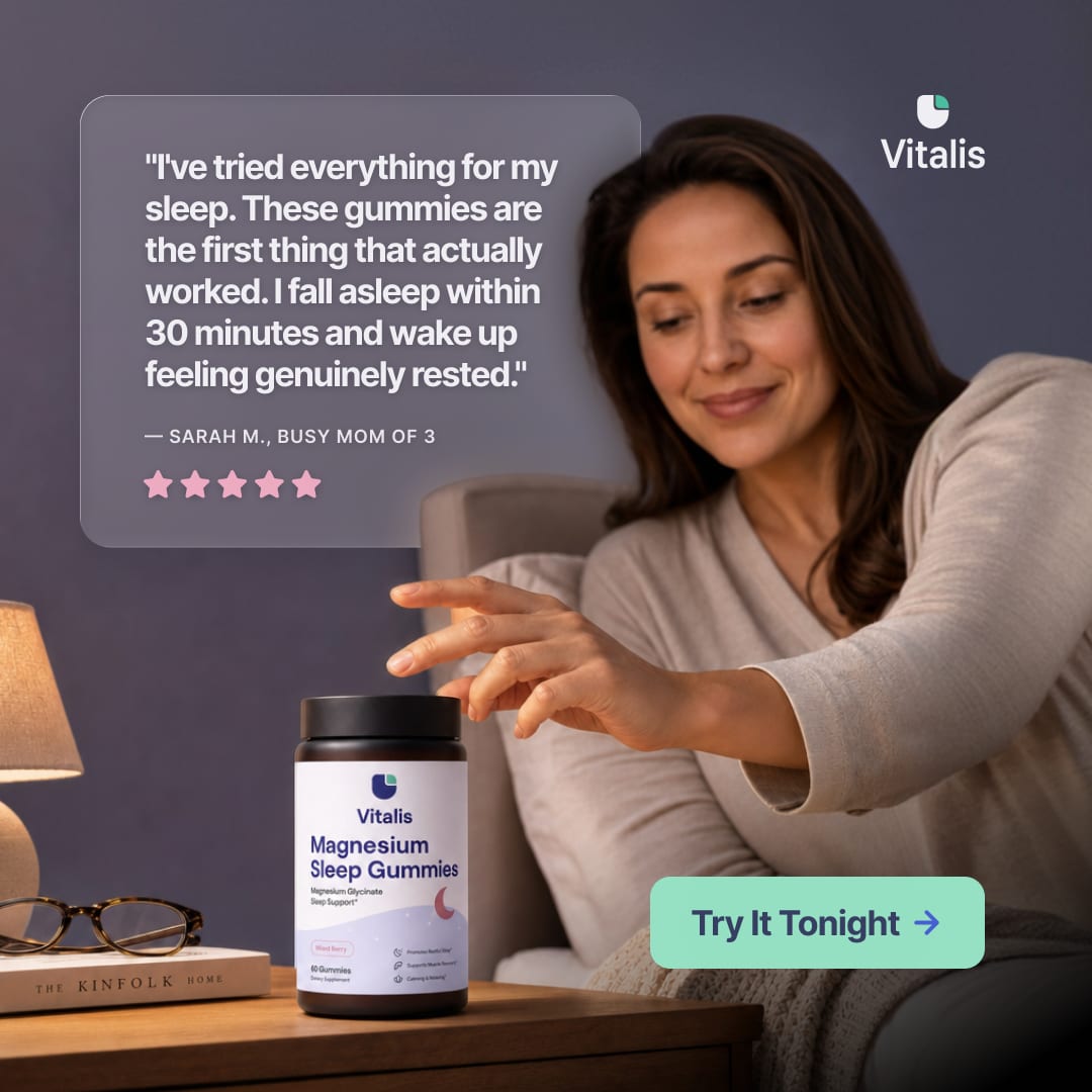 A Vitalis post that puts a customer's own words about the sleep gummies above a photo of the product on a bedside table, with a Try It Tonight button