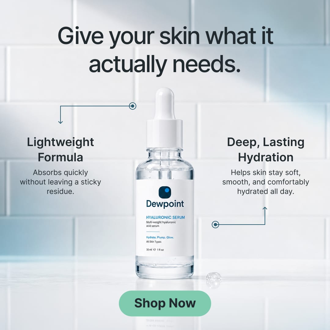 A Dewpoint serum post with two labelled callouts, Lightweight Formula and Deep, Lasting Hydration: one product taught in one frame, the kind of post people save