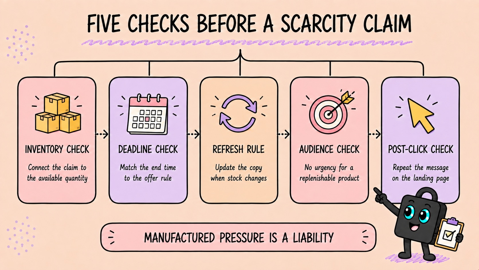 Five checks before a scarcity claim: inventory, deadline, refresh rule, audience, and post-click.
