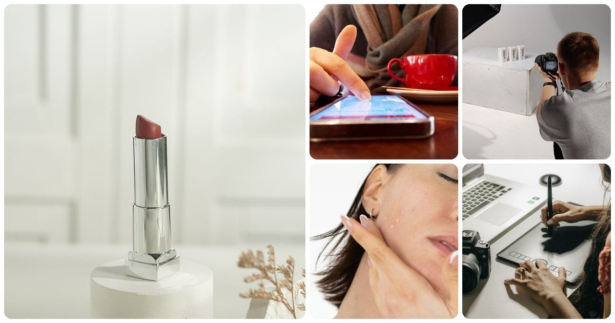 A collage of a lipstick product still life, a phone feed next to a coffee, a photographer at a product shoot, a skincare close-up and a designer at a graphics tablet