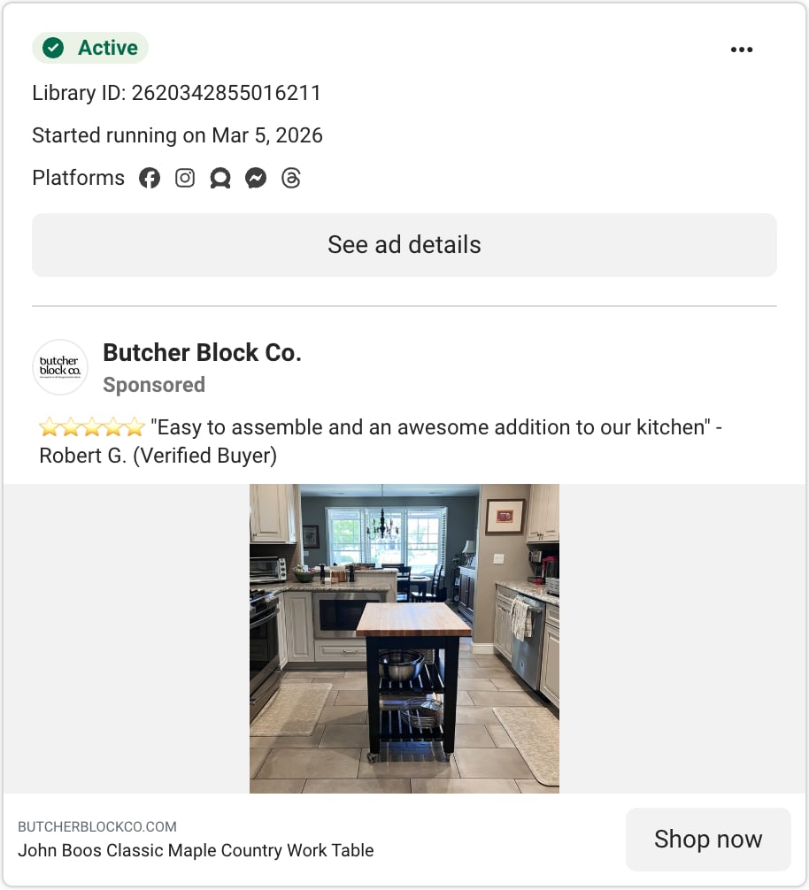 A Butcher Block Co. ad card in Meta's Ad Library: five stars and the quote Easy to assemble and an awesome addition to our kitchen, signed Robert G. (Verified Buyer), above a maple work table in a kitchen