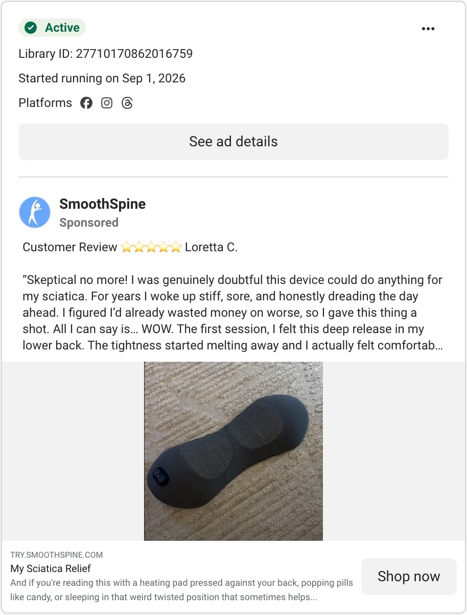 A SmoothSpine ad card in Meta's Ad Library: a five-star review from Loretta C. that starts Skeptical no more! I was genuinely doubtful, above a black back massager on a carpet, with the headline My Sciatica Relief