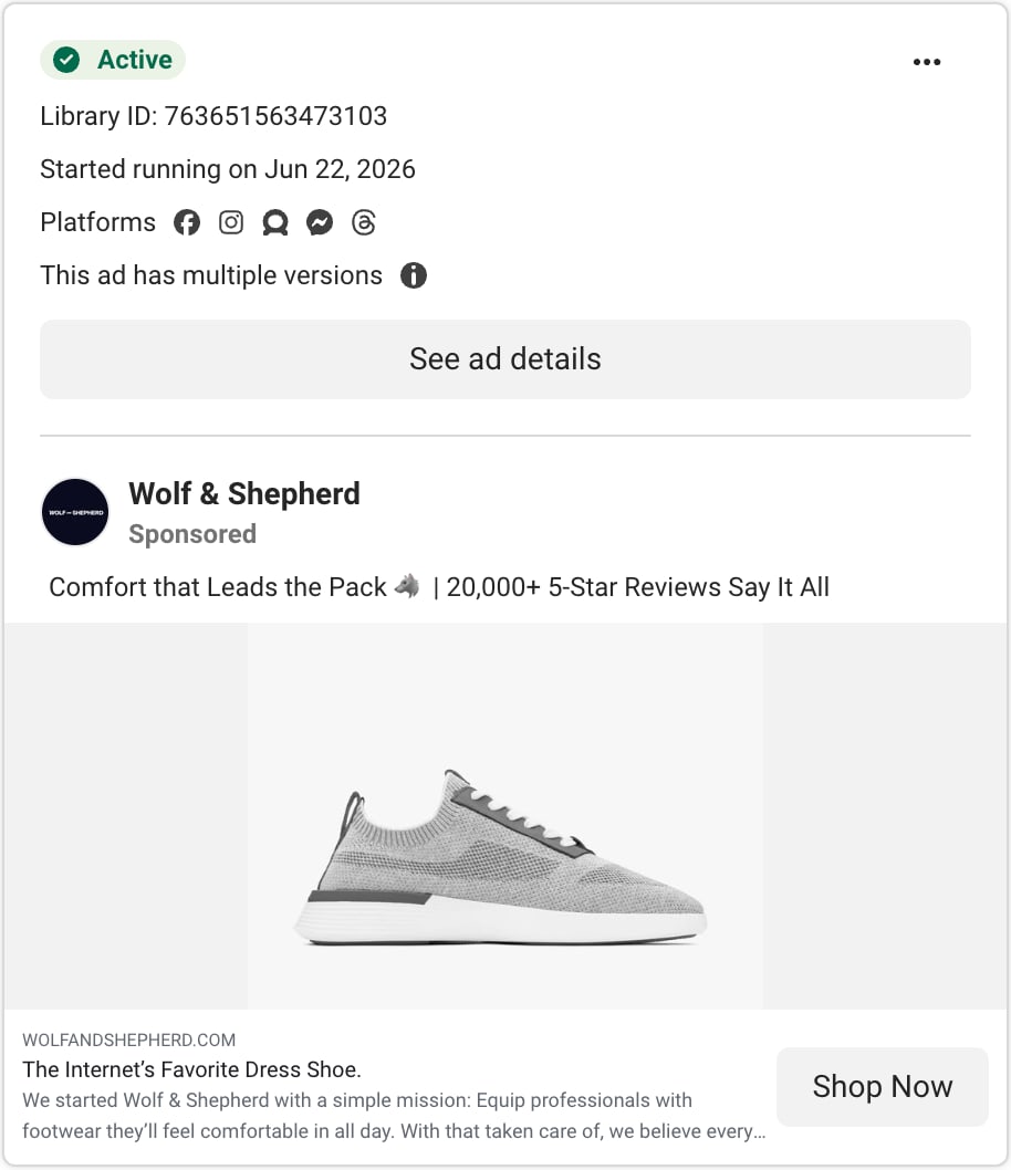 A Wolf and Shepherd ad card in Meta's Ad Library: the line 20,000+ 5-Star Reviews Say It All above a grey knit sneaker, with the headline The Internet's Favorite Dress Shoe.