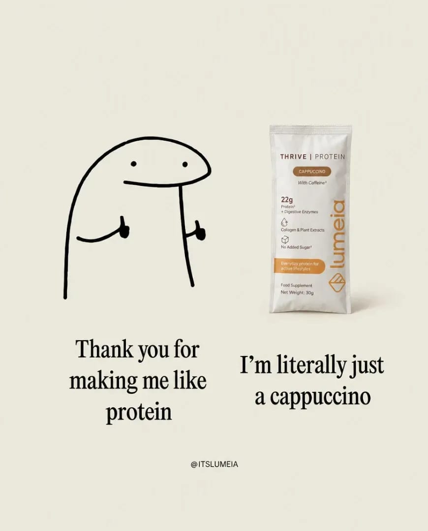 A static ad Selzee made for Lumeia: a hand-drawn character says Thank you for making me like protein next to a coffee protein sachet