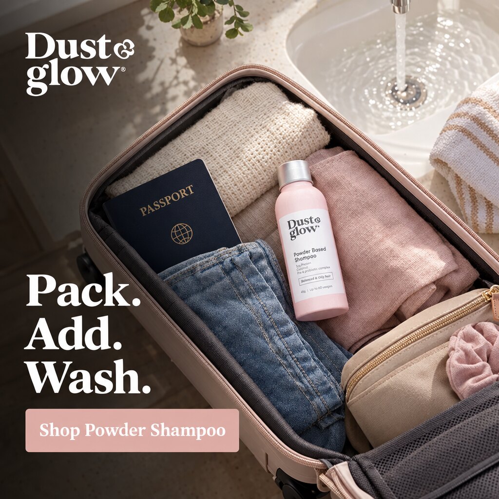 A square static ad Selzee made for Dust and Glow: Pack. Add. Wash., over an open suitcase with a passport and a bottle of powder shampoo