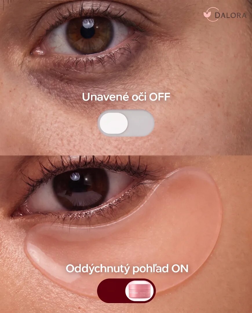 A 4:5 static ad Selzee made for Dalora: two close-ups of an eye with toggle switches, tired eyes off and rested look on