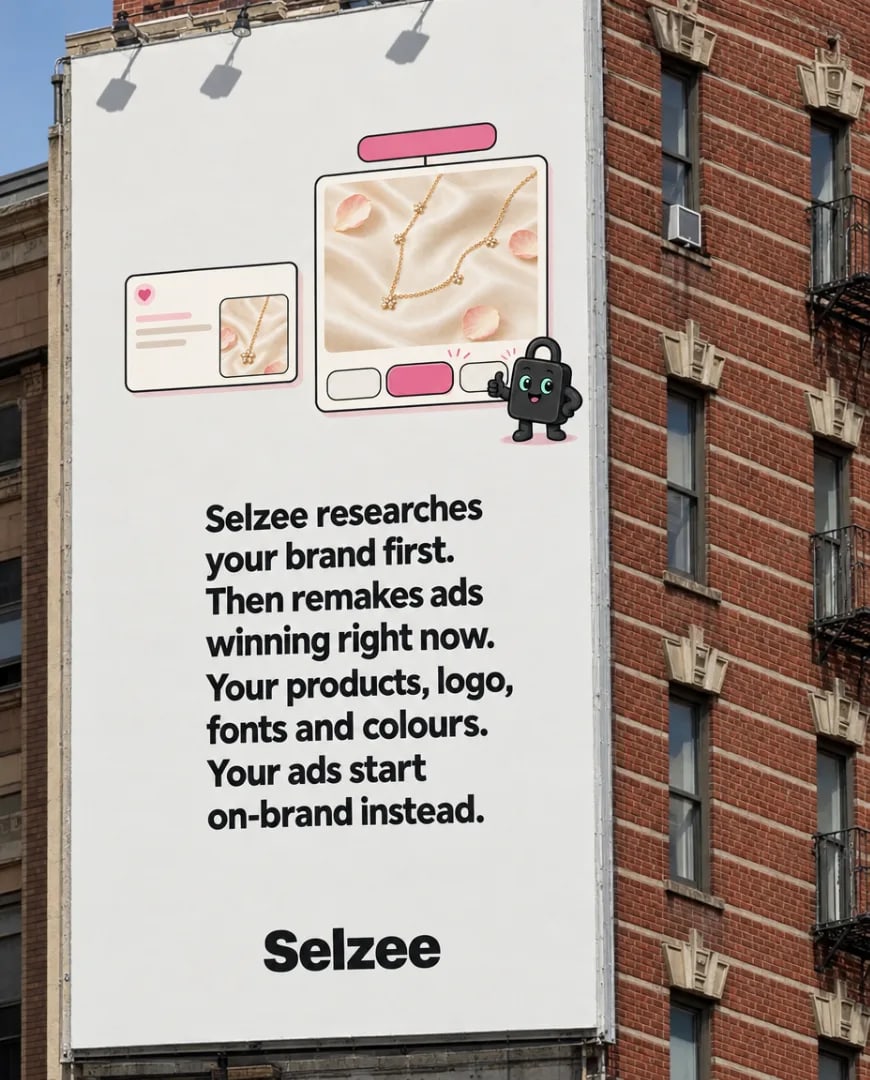 A static ad Selzee made for itself: a city billboard reading Selzee researches your brand first, then remakes ads winning right now