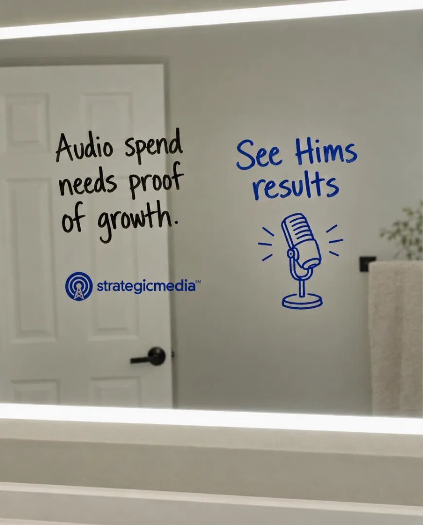 A static ad Selzee made for Strategic Media: Audio spend needs proof of growth, written on a bathroom mirror
