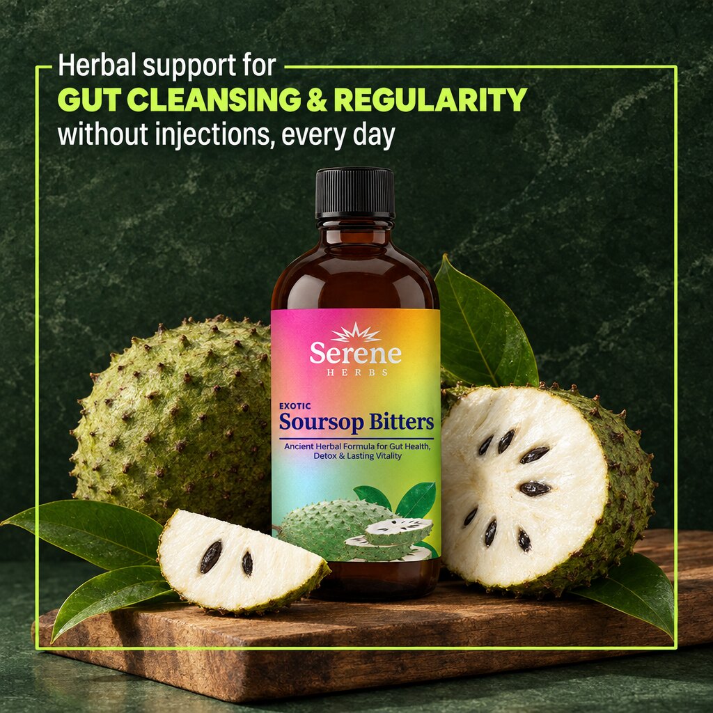 A square static ad Selzee made for Serene Herbs: a bottle of soursop bitters beside cut soursop, herbal support for gut cleansing