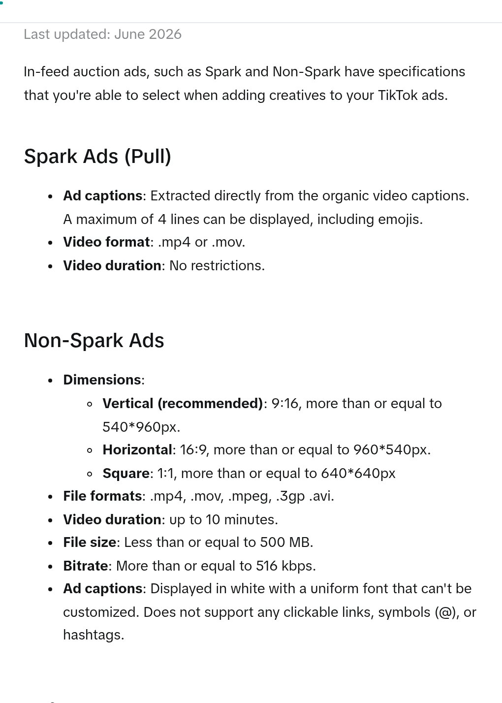 TikTok's in-feed ad spec page, updated June 2026: Spark Ads with no duration limit, then Non-Spark sizes of 540 by 960, 960 by 540 and 640 by 640, up to 10 minutes, 500 MB and 516 kbps