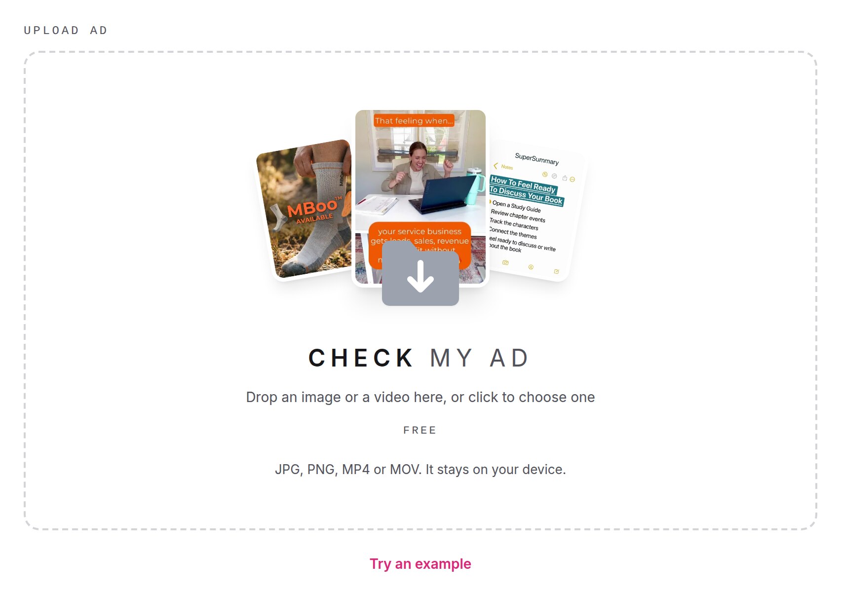 The upload box of the Selzee TikTok safe zone checker: Check my ad, drop an image or a video here, three Selzee ads fanned above it, and Try an example underneath