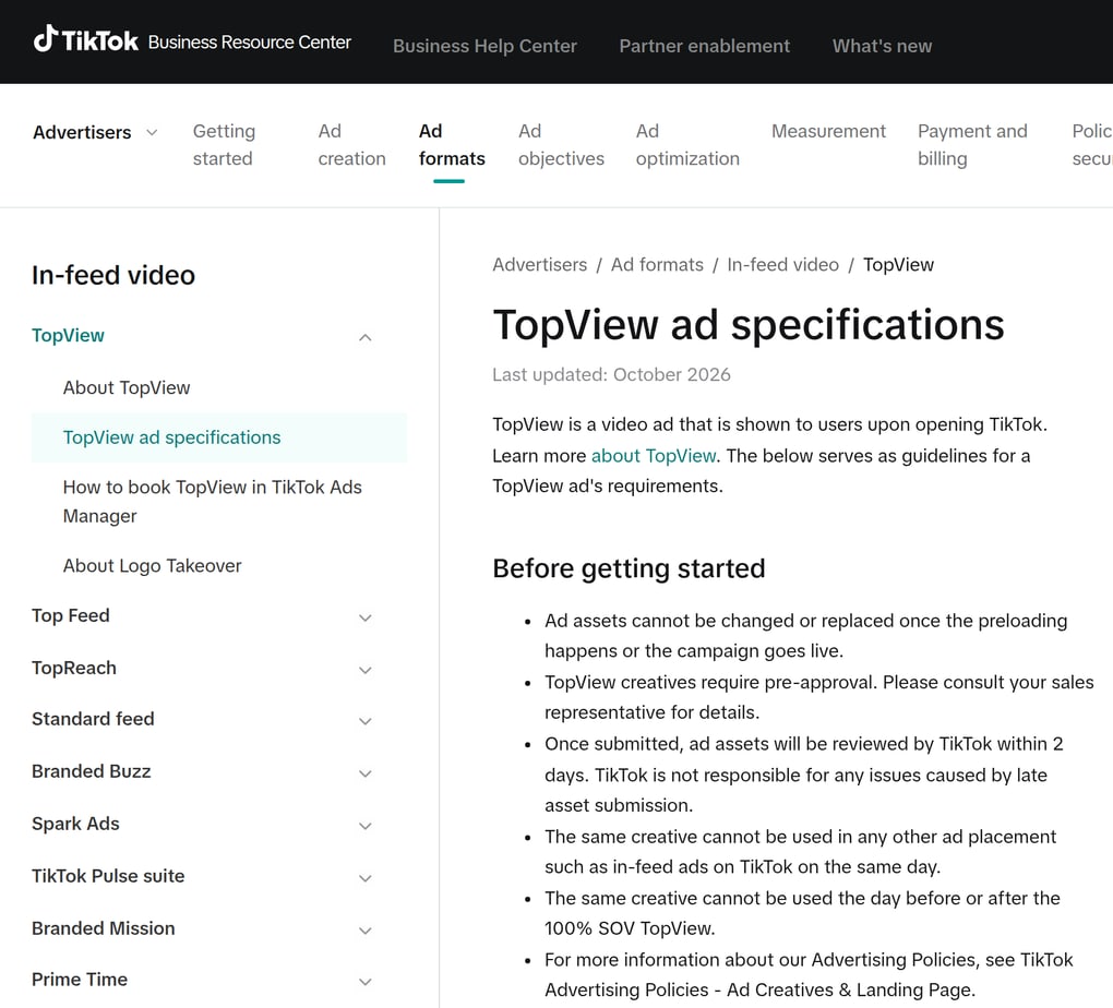 TikTok's TopView ad specifications page, updated October 2026, with TikTok's format menu on the left: TopView, Top Feed, TopReach, Standard feed, Branded Buzz, Spark Ads, TikTok Pulse suite, Branded Mission and Prime Time