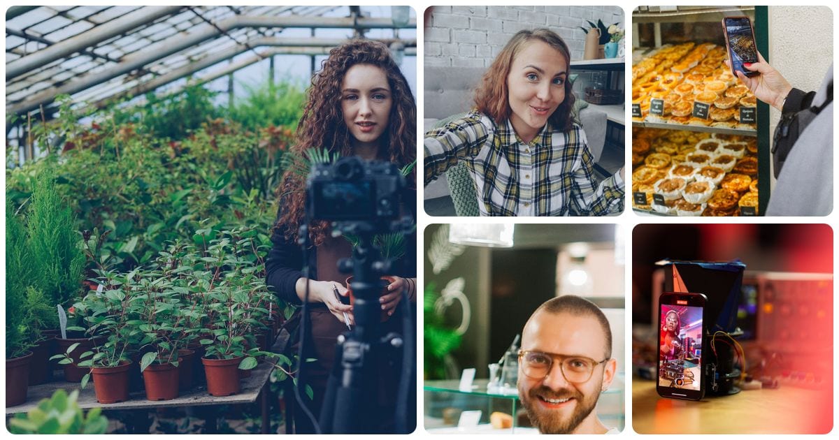 A collage of a shop owner filming in her greenhouse, a woman talking to her phone camera at home, a customer filming a bakery display, a cafe owner talking at his counter and a phone recording on a workbench