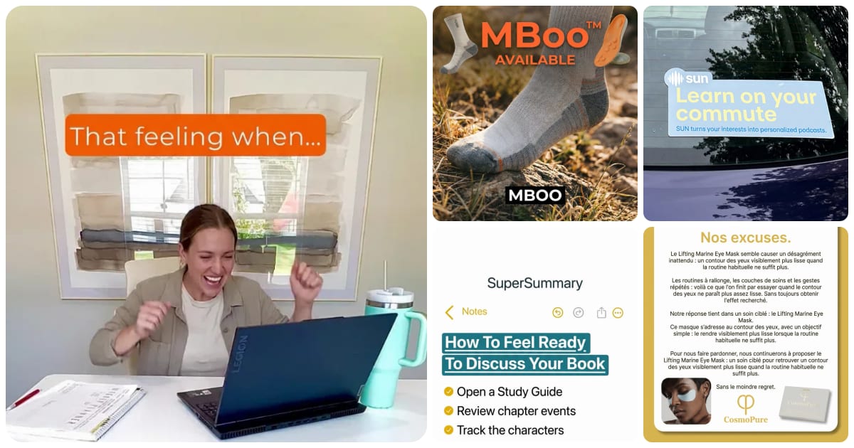 Five Selzee-made ads: a woman cheering at her laptop, a sock on a trail, a car window sticker, a Notes app checklist and a French apology letter