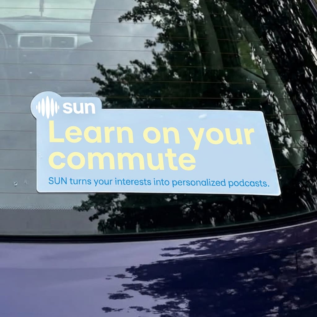A Selzee-made ad for SUN: a sticker on a car window reading Learn on your commute, a real-world photo style recreated for the brand