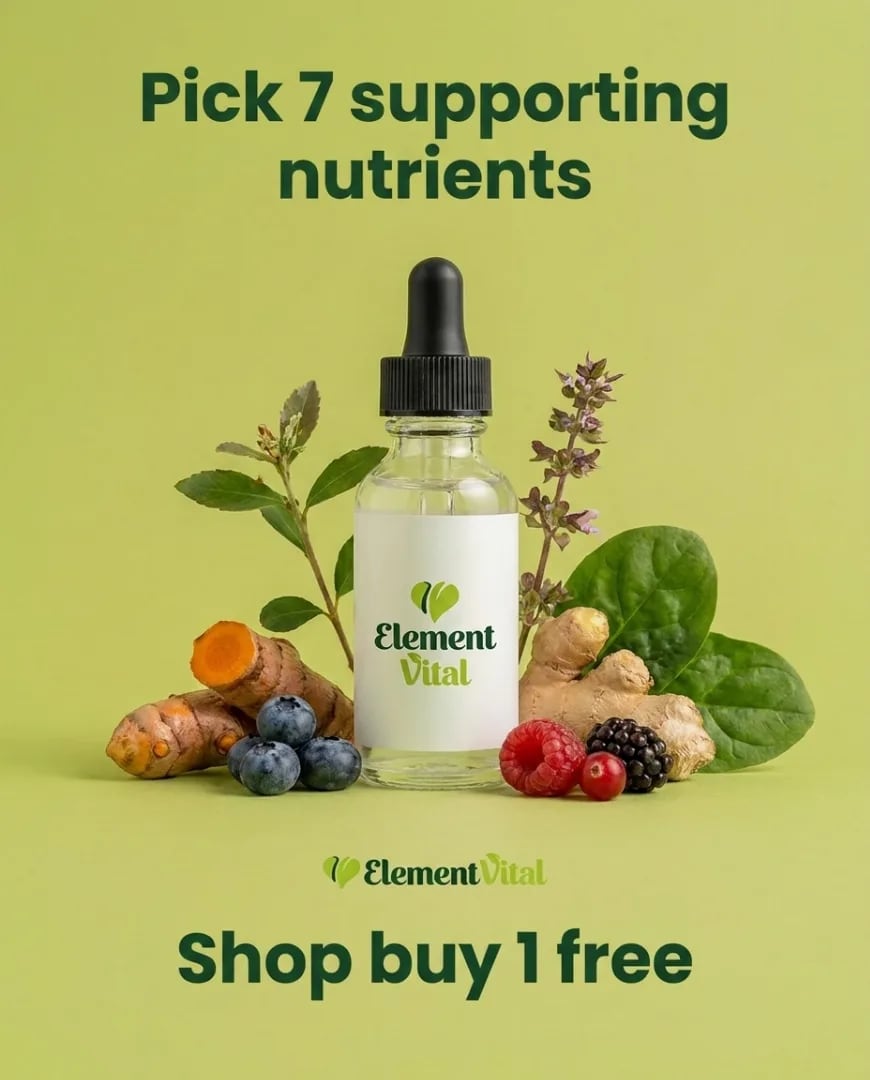 A static ad Selzee made for Element Vital: a dropper bottle among fruit and vegetables, Pick 7 supporting nutrients, Shop buy 1 free