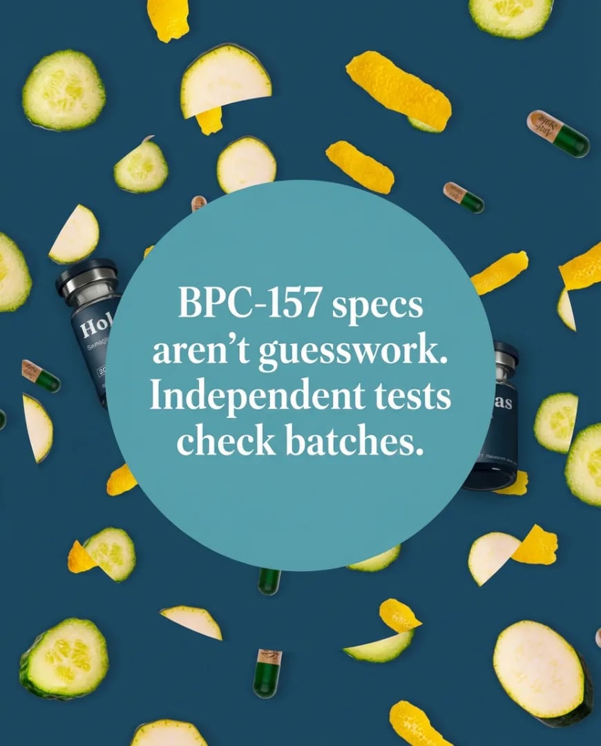 A static ad Selzee made for a supplement brand: BPC-157 specs are not guesswork, independent tests check batches
