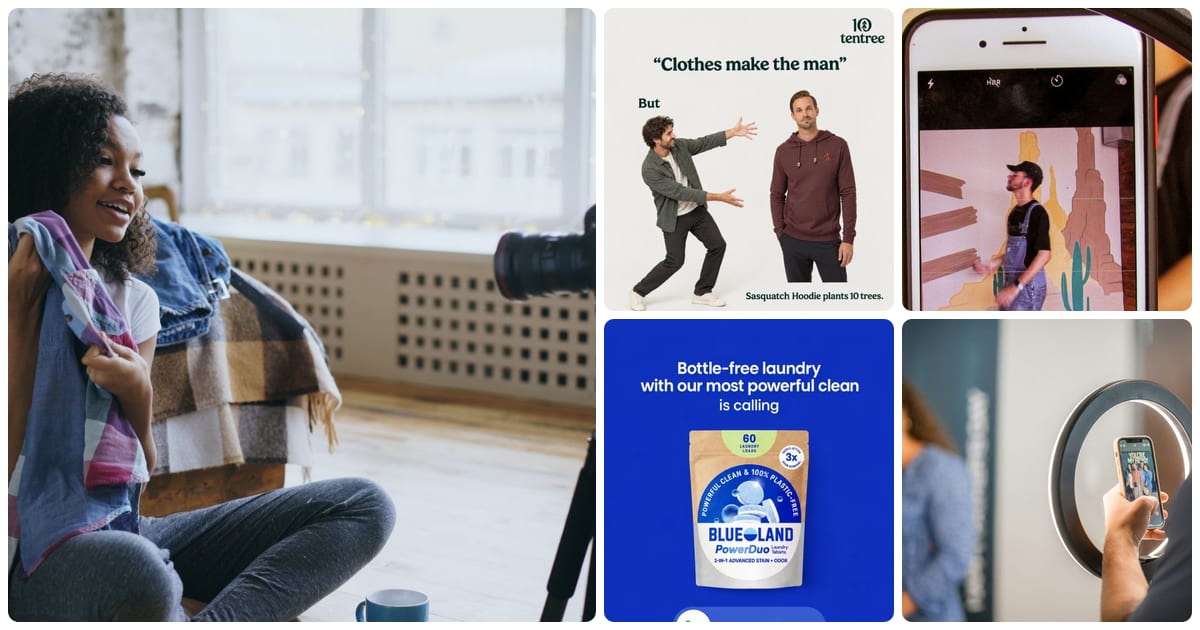 A collage of a creator filming a scarf try-on to a camera on a tripod, a phone on a ring light filming two people, a phone recording a take in a ring light, a Selzee-made ad for a hoodie that plants ten trees and a Selzee-made laundry ad styled as an incoming call