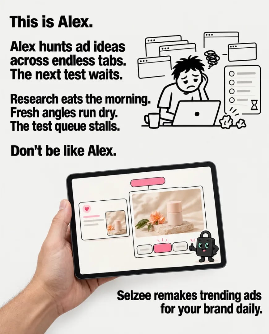 A Selzee ad in a comic style: This is Alex, who hunts ad ideas across endless tabs, then a hand holds a tablet with fresh ads