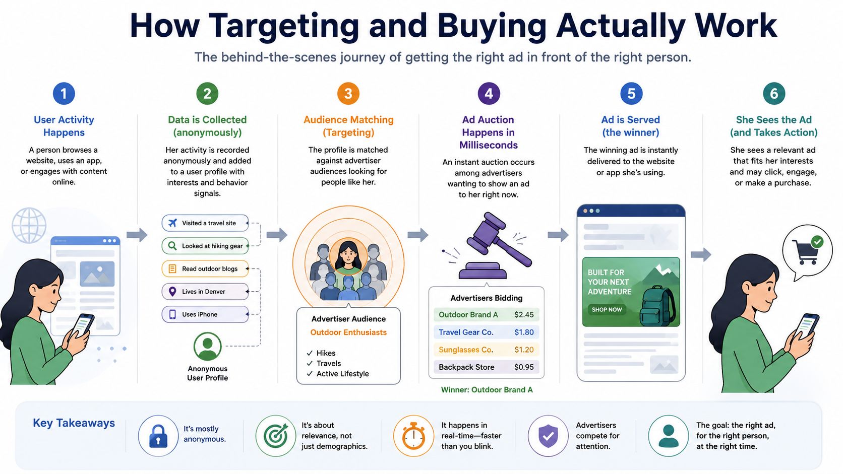An infographic showing the step-by-step process of how digital advertising targeting and real-time bidding work.