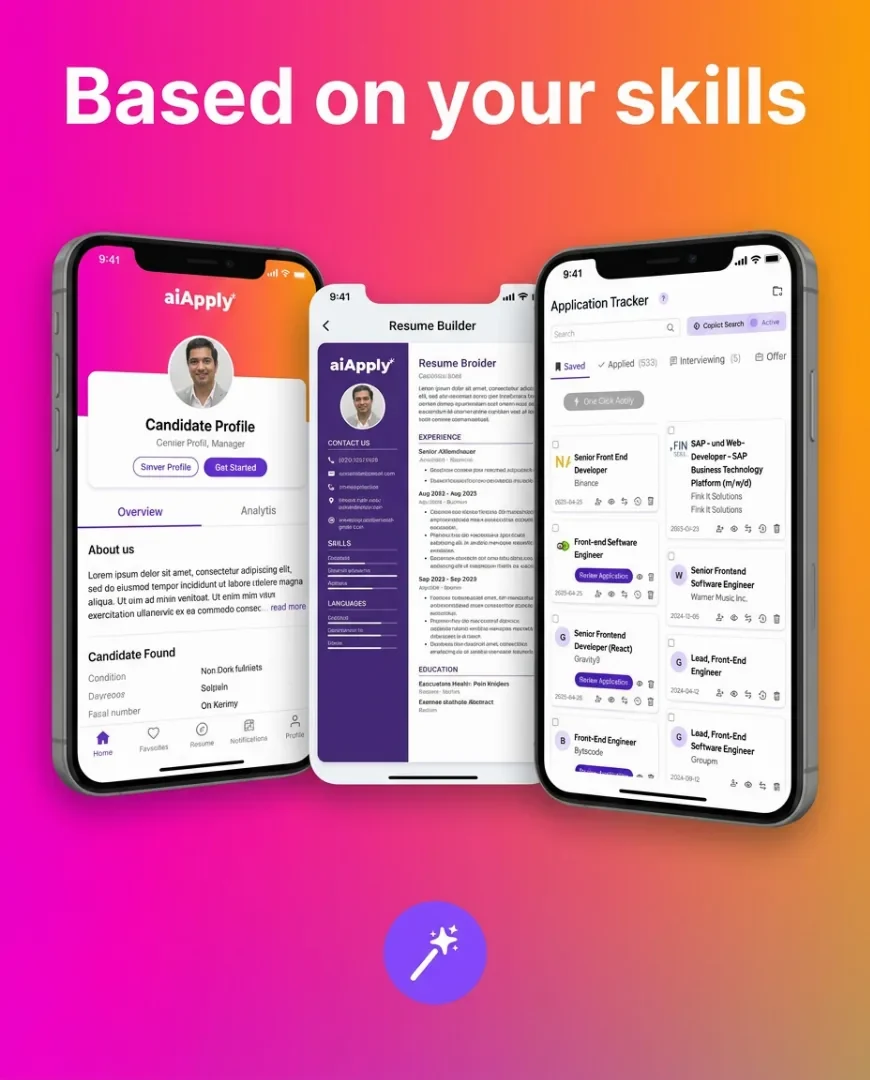 AIApply static ad made in Selzee: Based on your skills, three phone screens showing the candidate profile, resume builder and application tracker.