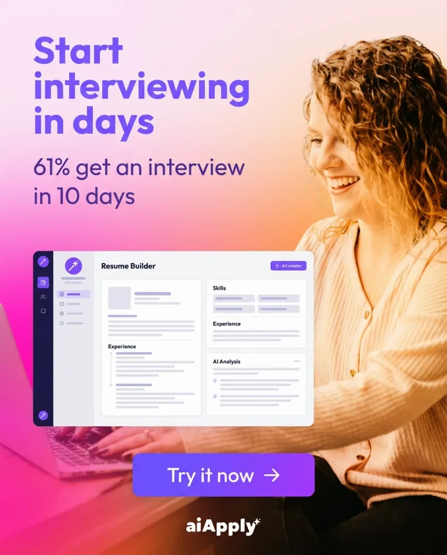 AIApply static ad made in Selzee: Start interviewing in days, 61% get an interview in 10 days, with a Try it now button.
