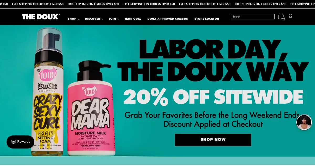 The Doux homepage: Block the humidity, an all-in-one anti-humidity styler, with the brand's mousses and custards below it.