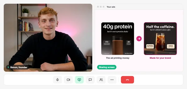 Simon, founder of Selzee, on a video call sharing an ad made for a brand