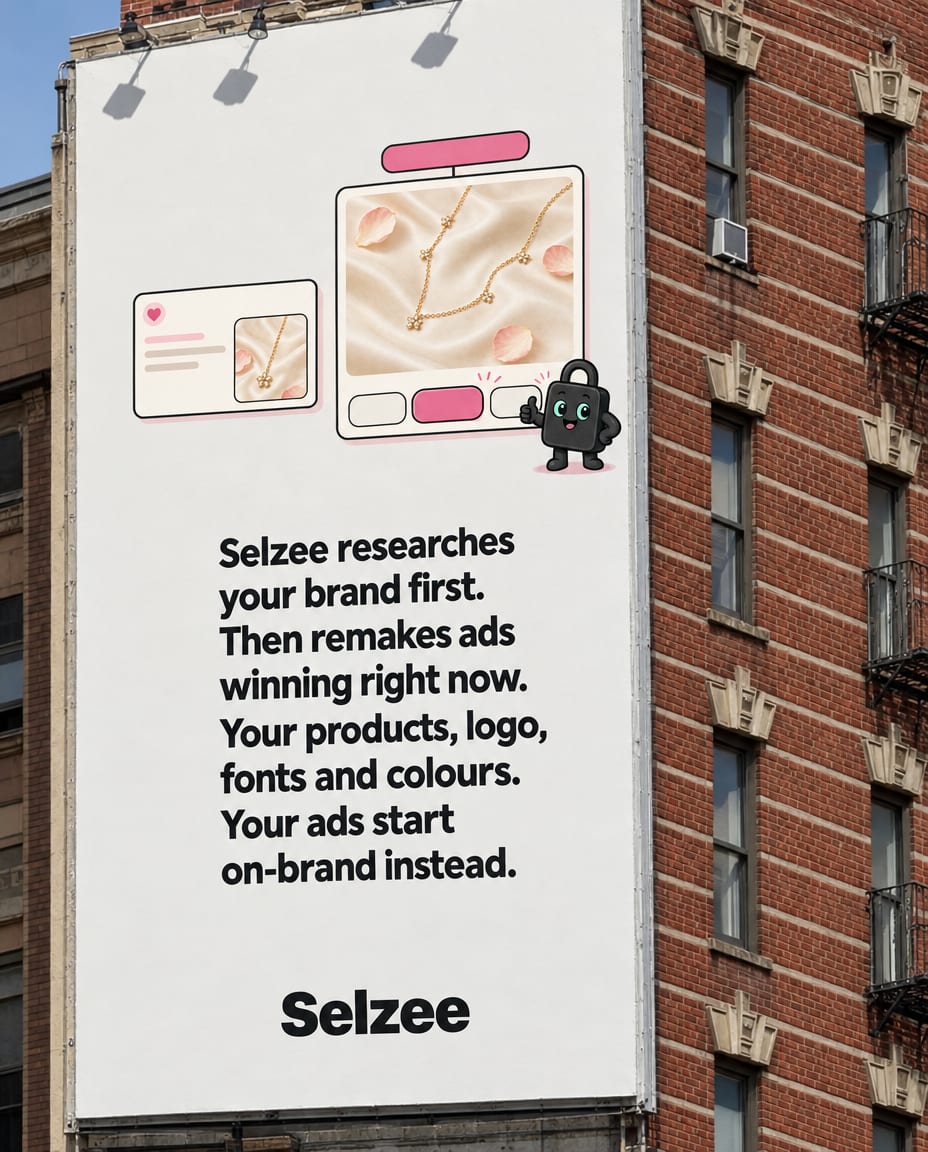 A Selzee billboard on a brick building: Selzee researches your brand first, then remakes ads winning right now