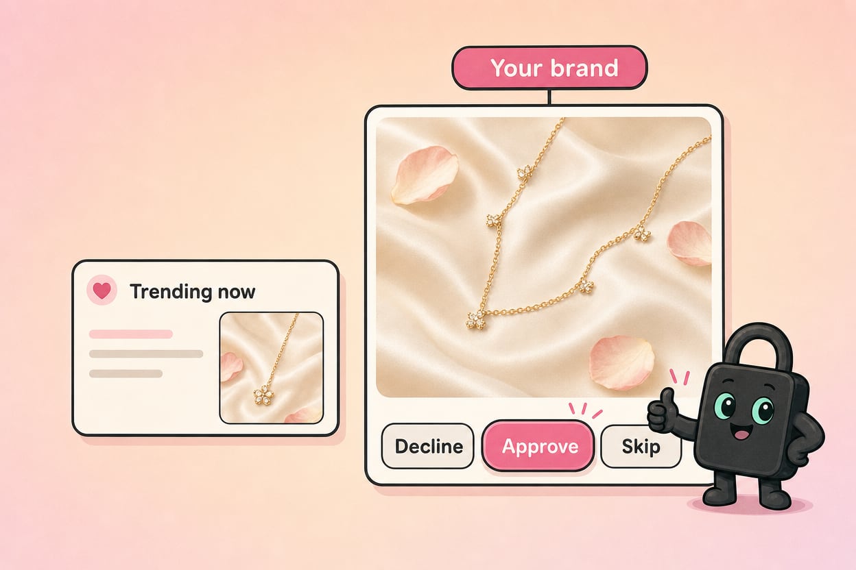 An illustration of an ad Selzee made, tagged Your brand, next to the trend it follows, with Decline, Approve and Skip buttons