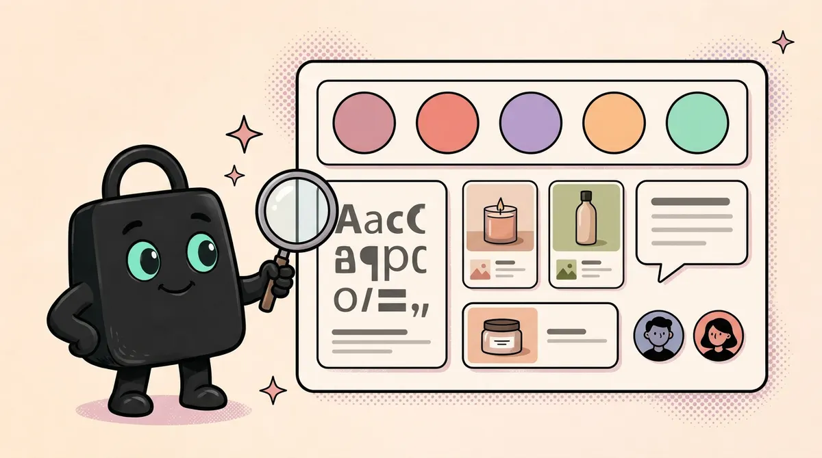 A brand board with colour swatches, type, product photos, tone of voice and audience