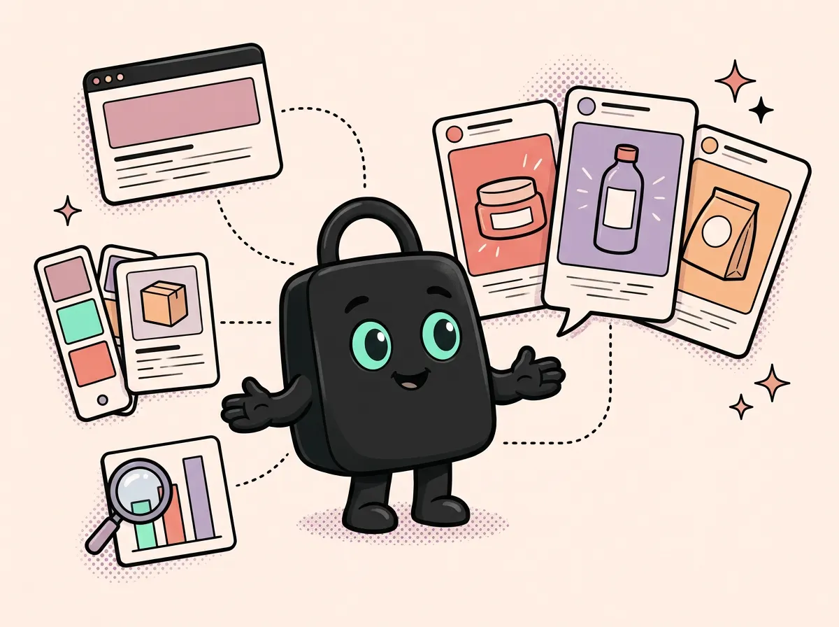 Selzee mascot surrounded by a website, a brand palette, finished ads, an edit request and a results chart