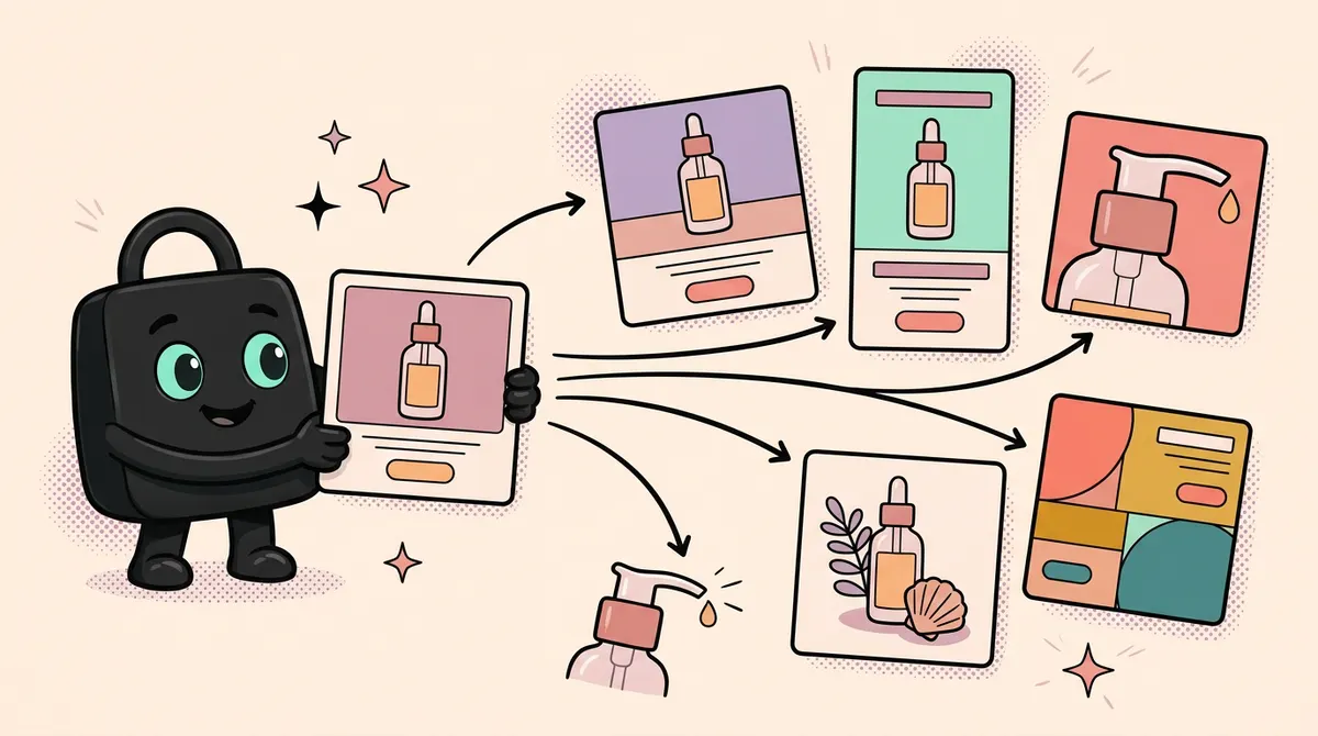 One product ad fanning out into five variations with different colours, crops and layouts