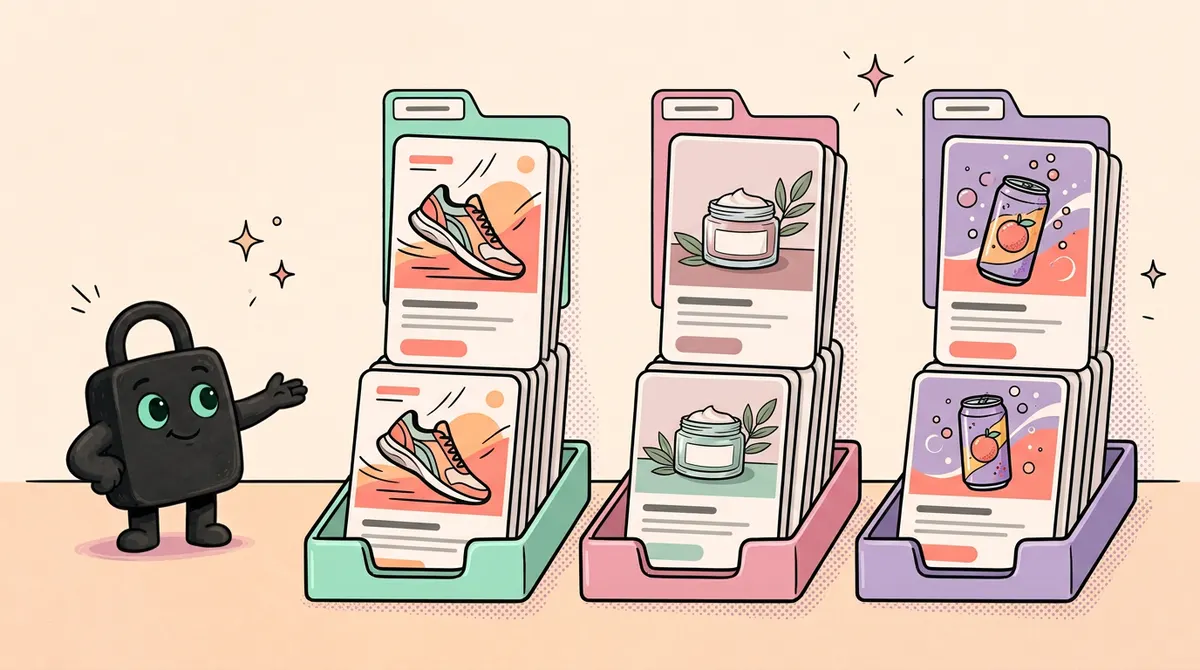 Three separate trays of finished ads, one per client brand