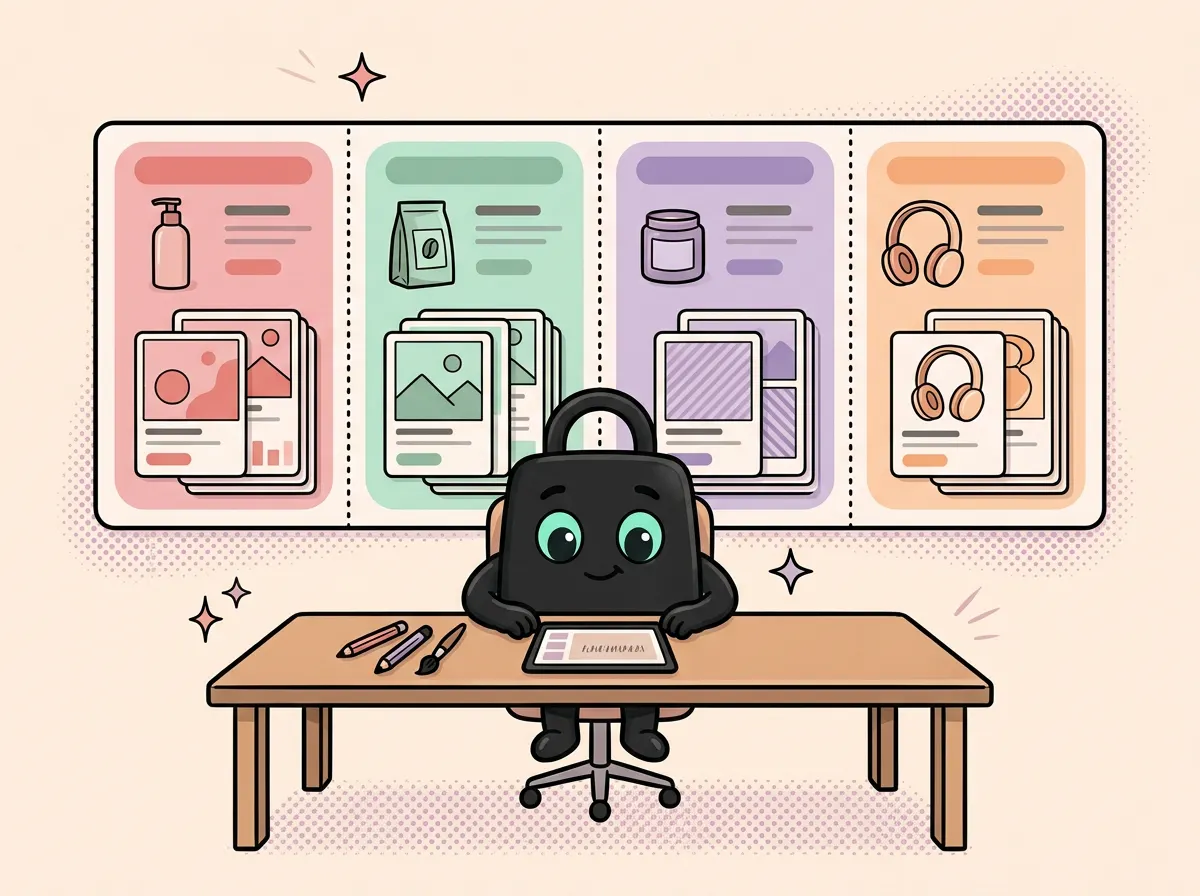 Selzee mascot at a desk in front of four separate client brand workspaces