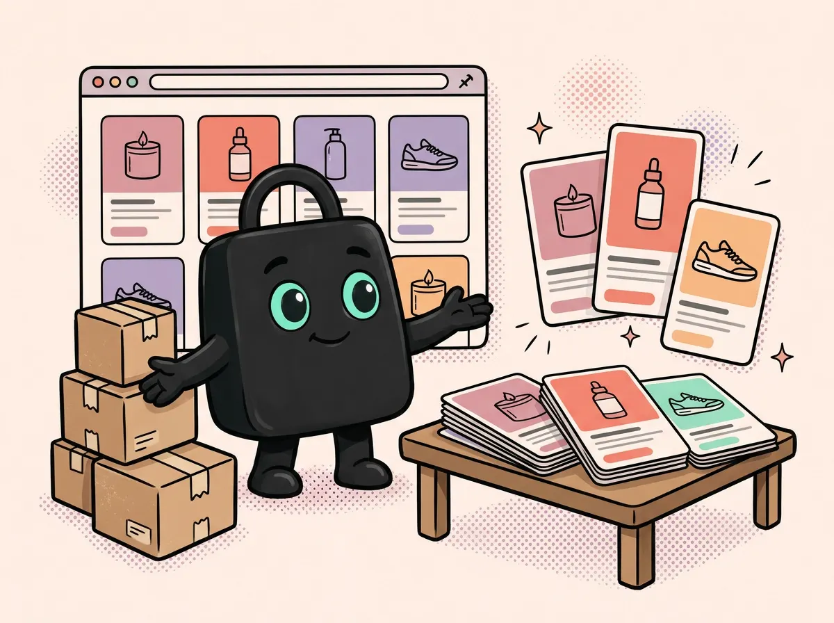 Selzee mascot in a small online shop with shipping boxes and a table of finished ads