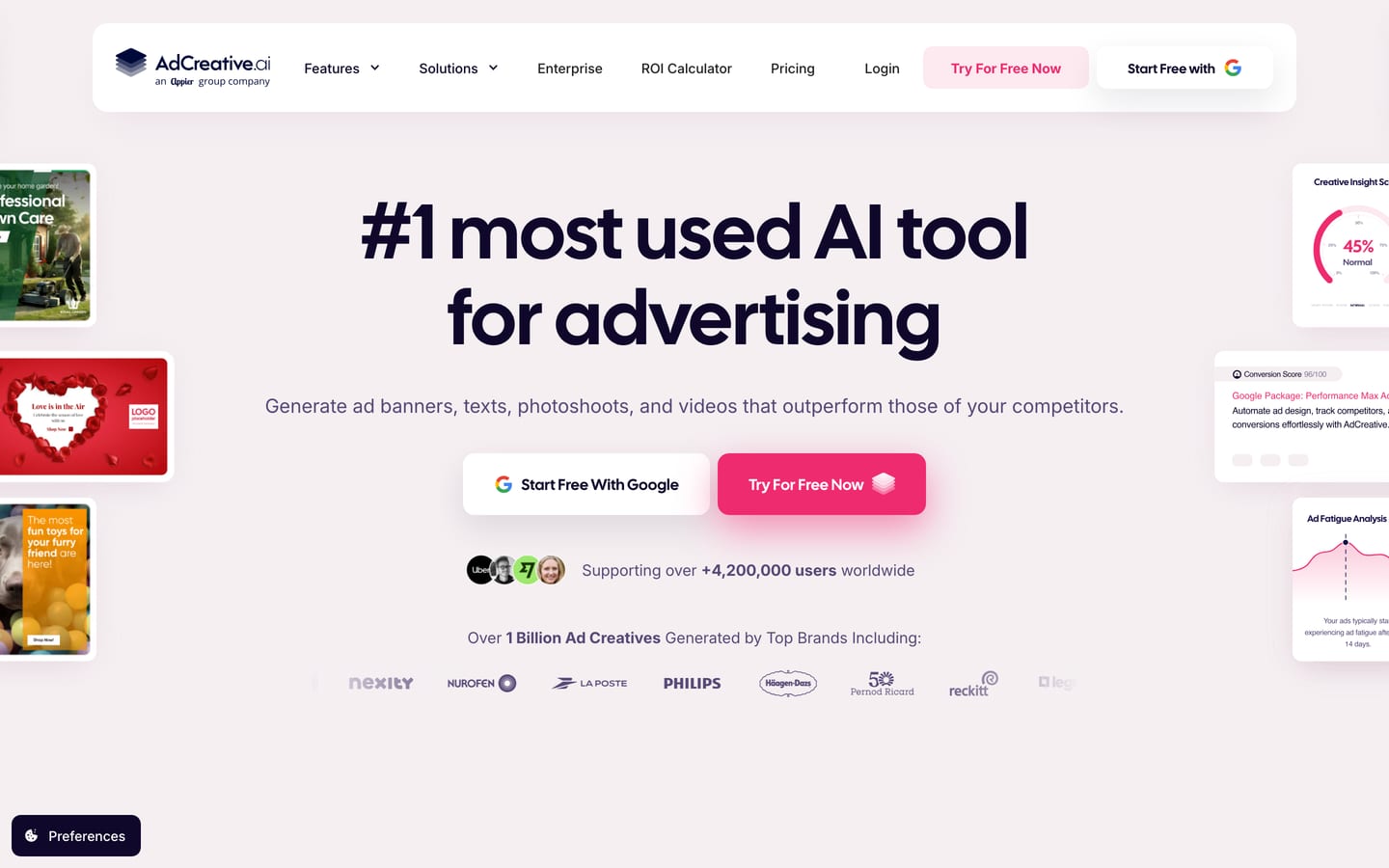 Screenshot of the AdCreative.ai homepage with the headline "#1 most used AI tool for advertising" and a line about ad banners, texts, photoshoots and videos