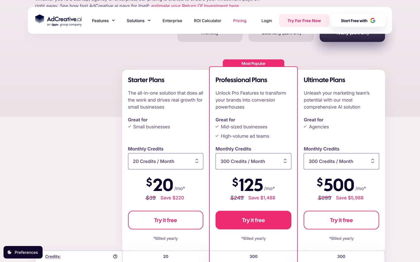 Screenshot of the AdCreative.ai plans with the yearly toggle on: Starter, Professional and Ultimate, each with a monthly credits menu and a struck-through monthly price