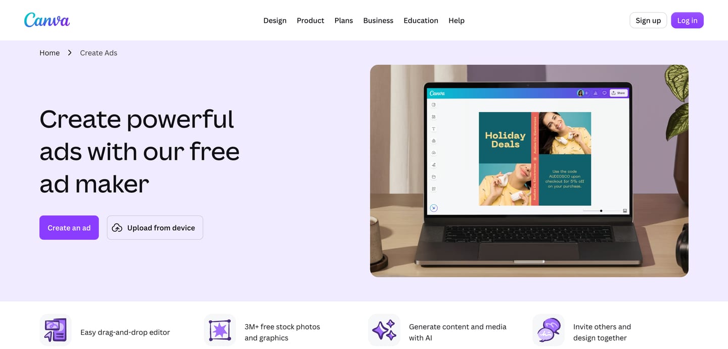 Screenshot of the Canva Create Ads page with the headline "Create powerful ads with our free ad maker" next to a laptop showing an ad in the editor