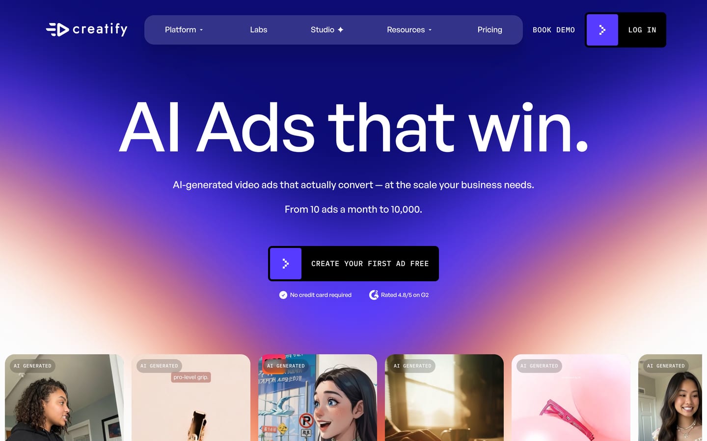 Screenshot of the Creatify homepage with the headline "AI Ads that win." above a row of AI-generated video ads with AI actors