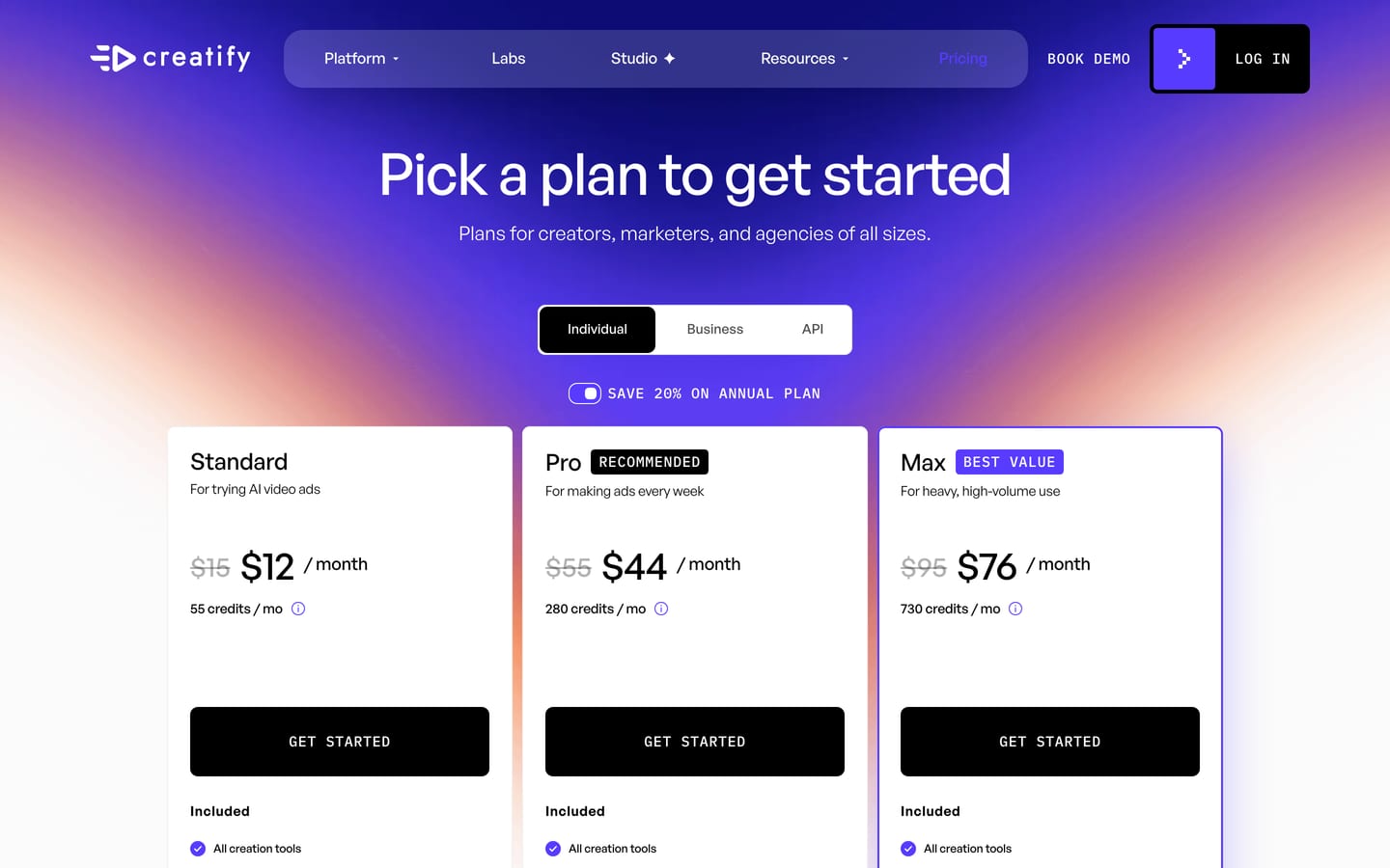 Screenshot of the Creatify pricing page with the Standard, Pro and Max plans, the annual saving toggle on and the credits per month under each price