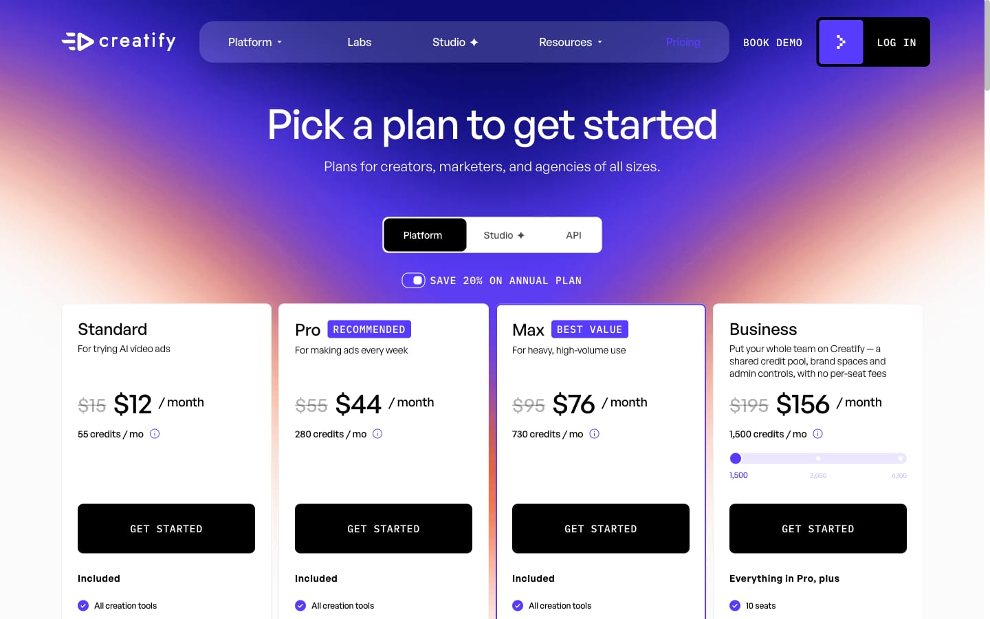 Screenshot of the Creatify pricing page with four plans, Standard, Pro, Max and Business, each showing a struck-through monthly price above the yearly price per month
