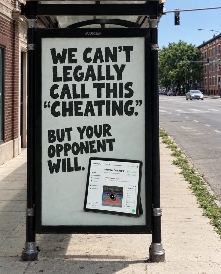 SmashVision AI ad on a bus shelter poster reading "We can't legally call this cheating. But your opponent will."