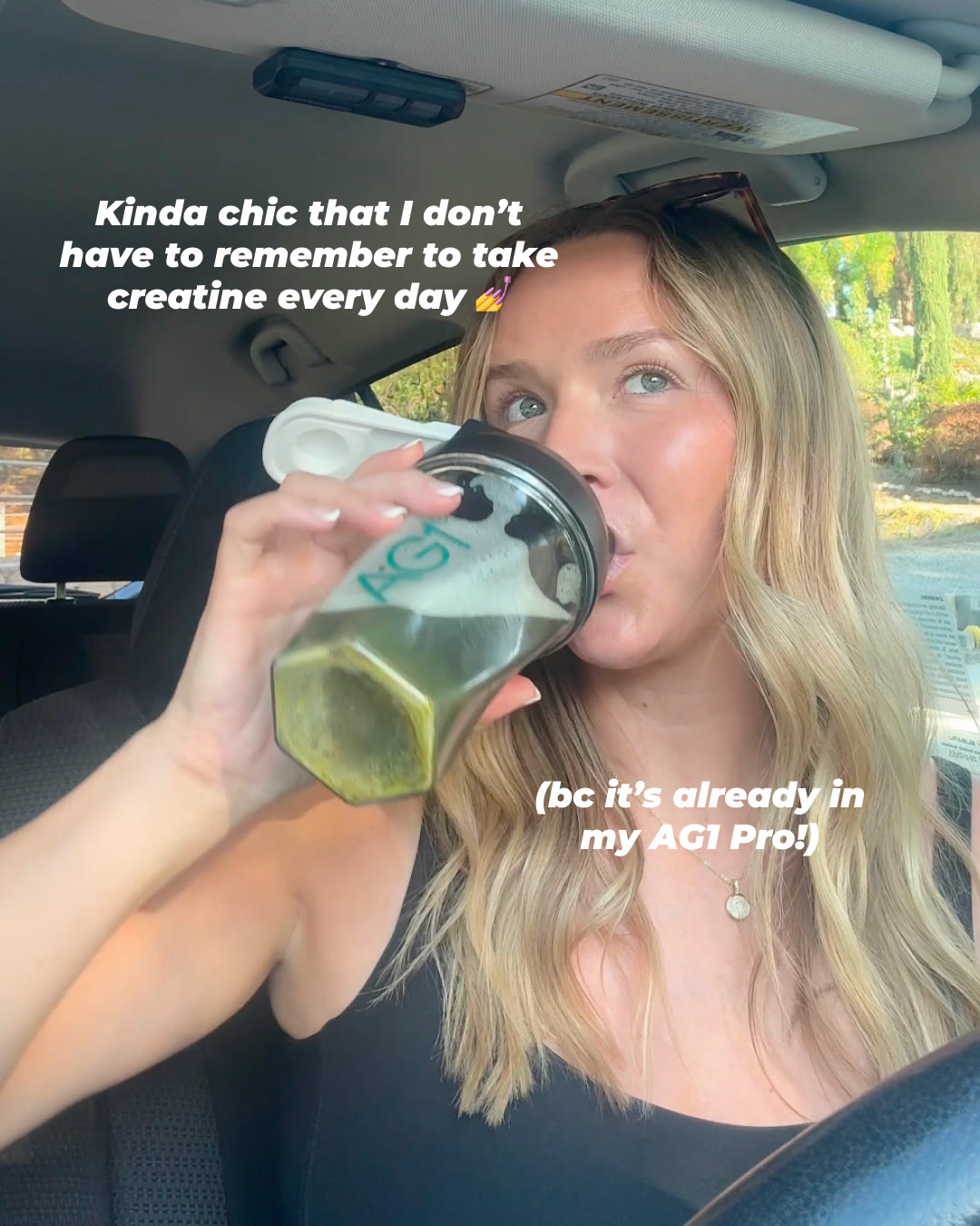An AG1 static ad on Meta: a creator drinking a green AG1 shake, with a TikTok-style caption about not having to remember her greens every day