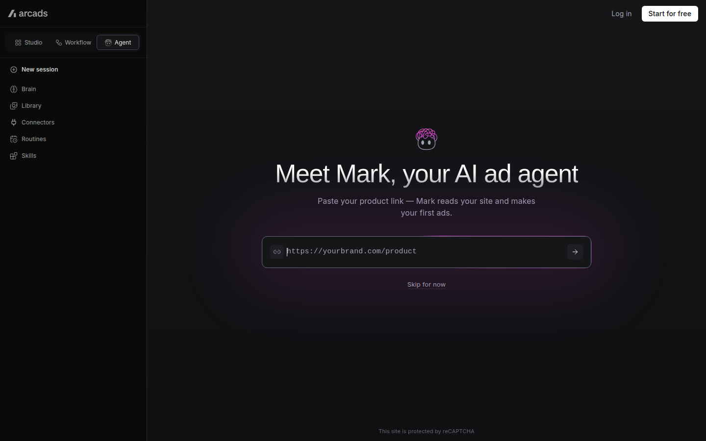 Arcads homepage on 19 Oct 2026: an AI ad agent asking for a product link