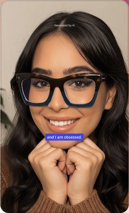An AI actor from Creatify's examples holds her face in her hands, with a Generated by AI label at the top