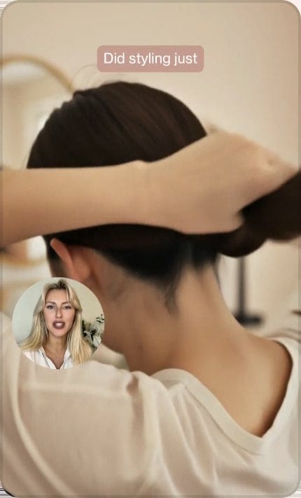 A Creatify AI UGC example: a woman styling her hair with a clip, with a small talking-head bubble and the caption did styling just